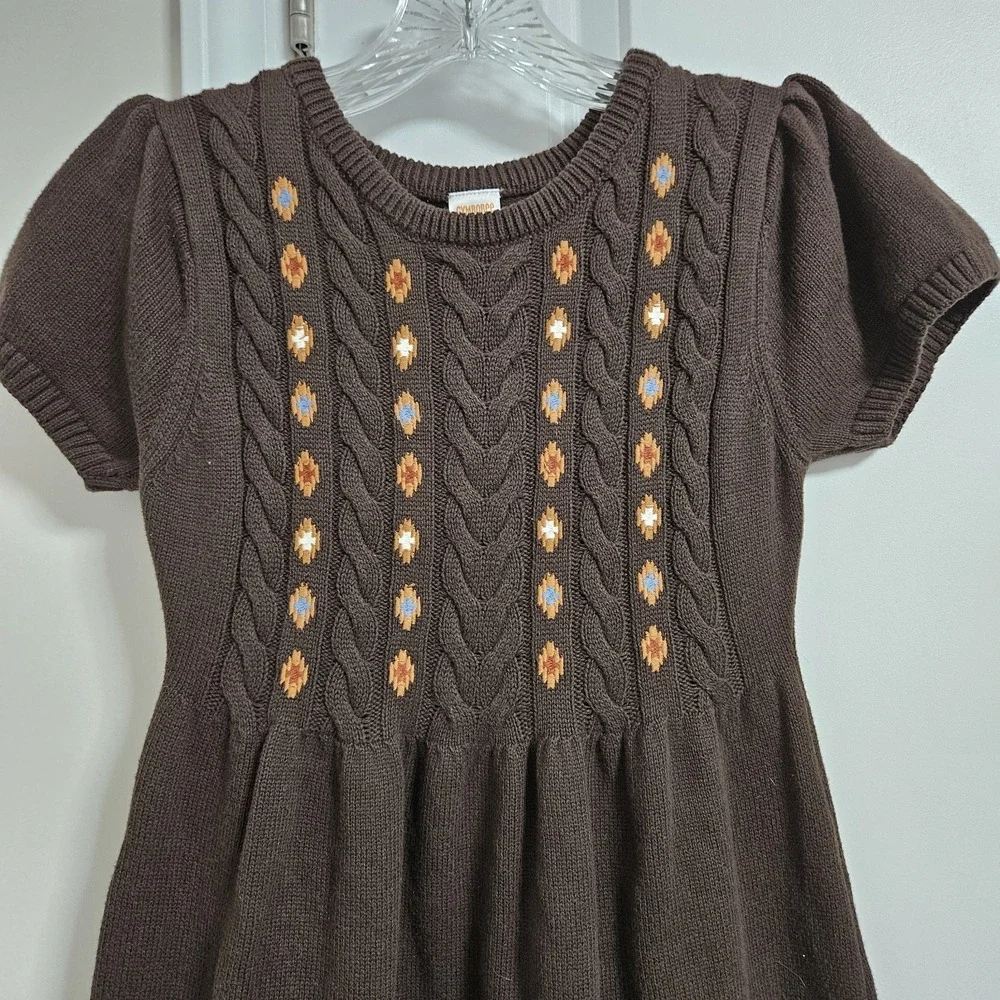 Gymboree Sweater Dress Girls 10 Brown Bear Fair Isle Cable Knit Cotton Short Slv